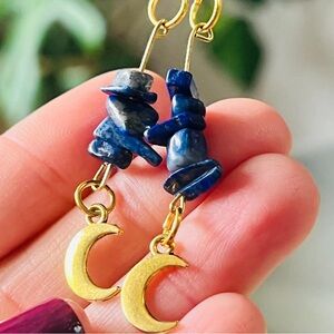 Gold Crescent Moon Earrings with Lapis Lazuli Stone Chips
